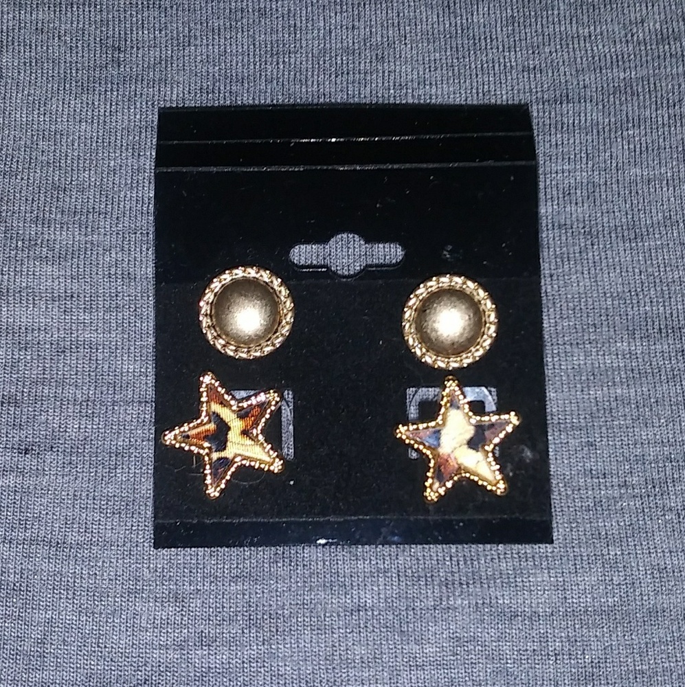 Matte gold button earrings & stars w/ animal print
